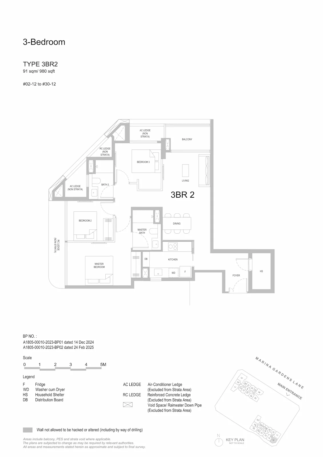 One Marina Gardens 3-Bedroom Type 3BR2 floor plan.