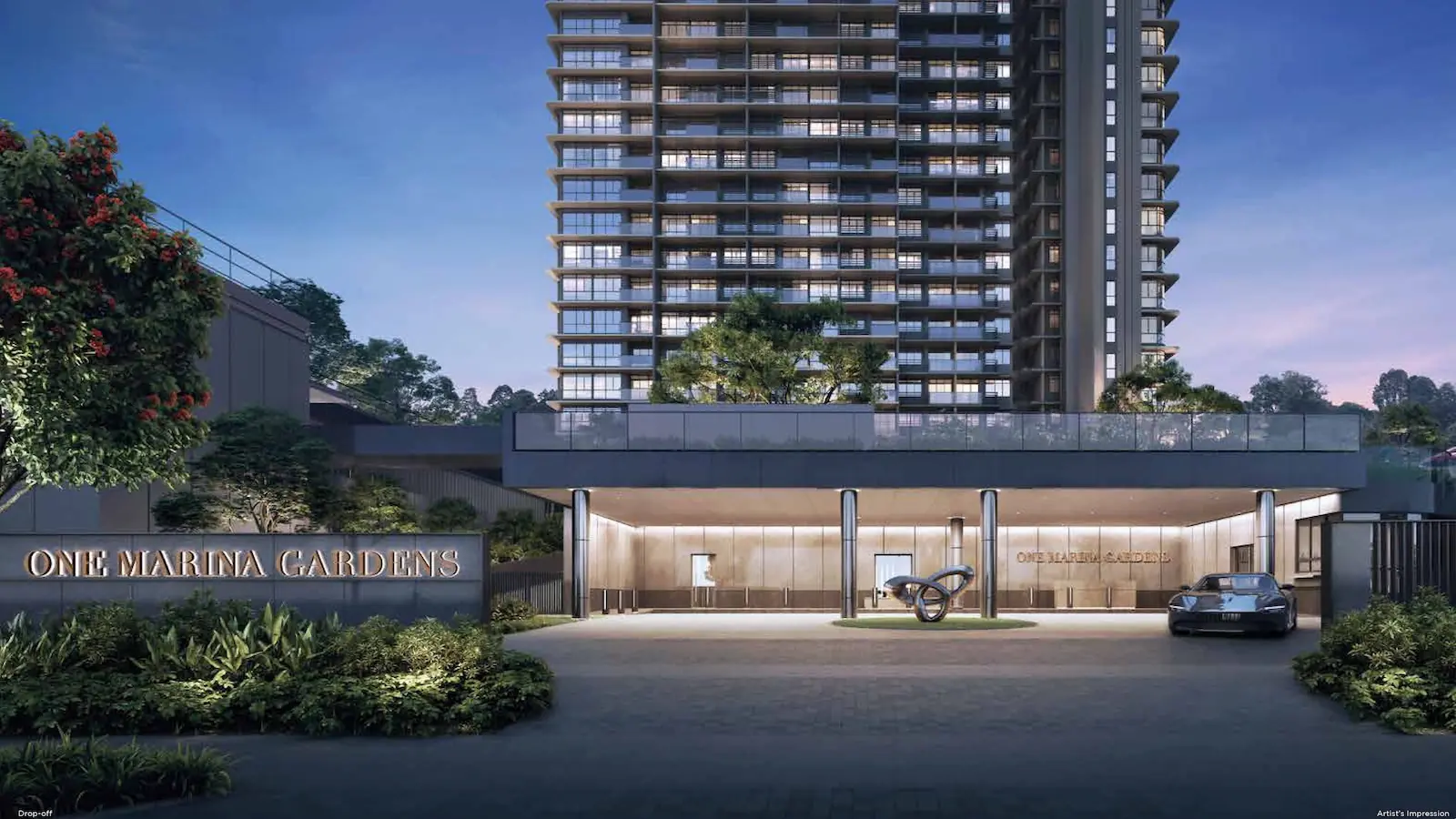 One Marina Gardens arrival court porte-cochère with tower facade at dusk — artist's impression.