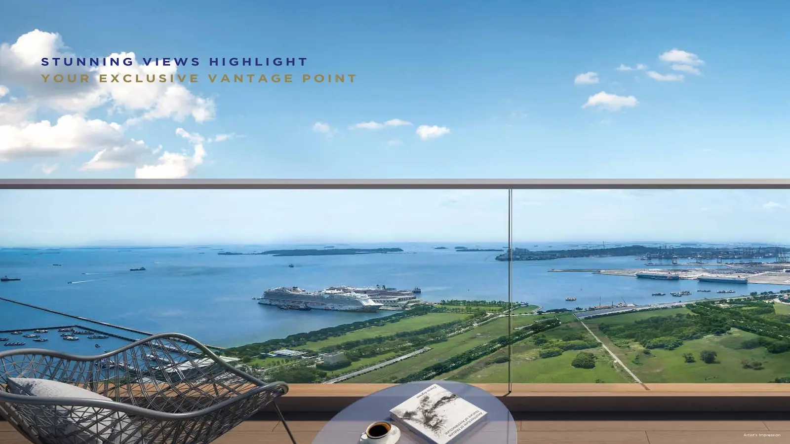 One Marina Gardens balcony view of Marina South coastline and Southern Islands — artist's impression.