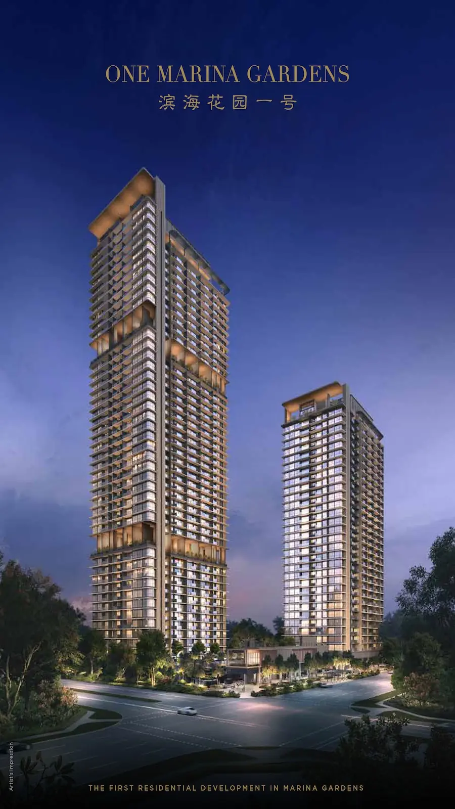 One Marina Gardens twin tower facade at night — 44-storey and 30-storey blocks artist's impression.