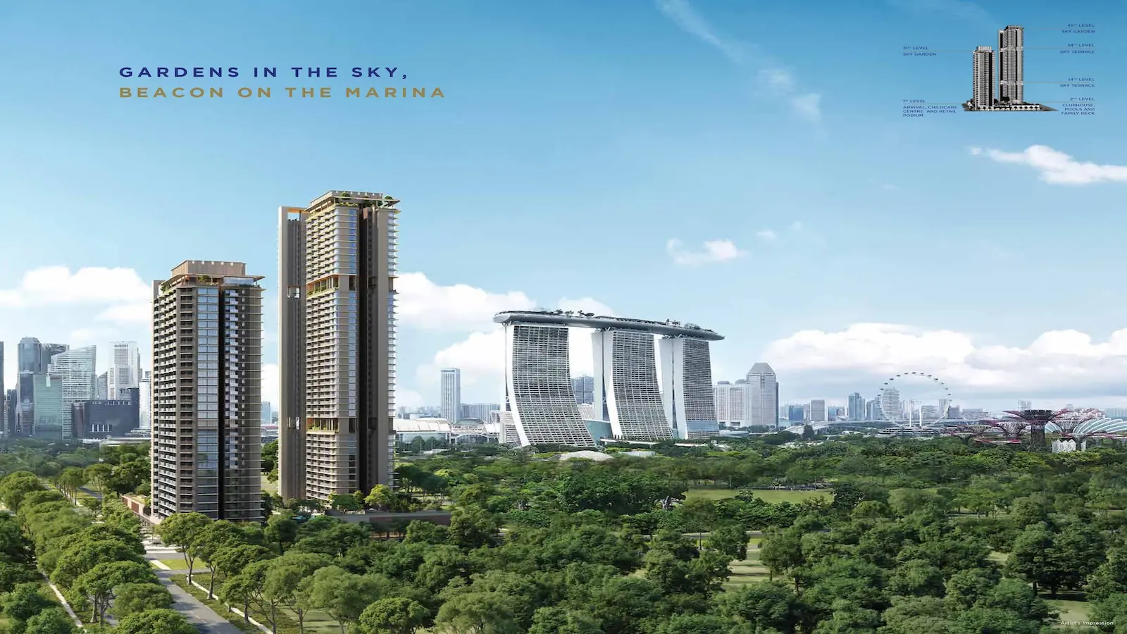 One Marina Gardens vertical sky garden architecture with Marina Bay Sands skyline — artist's impression.