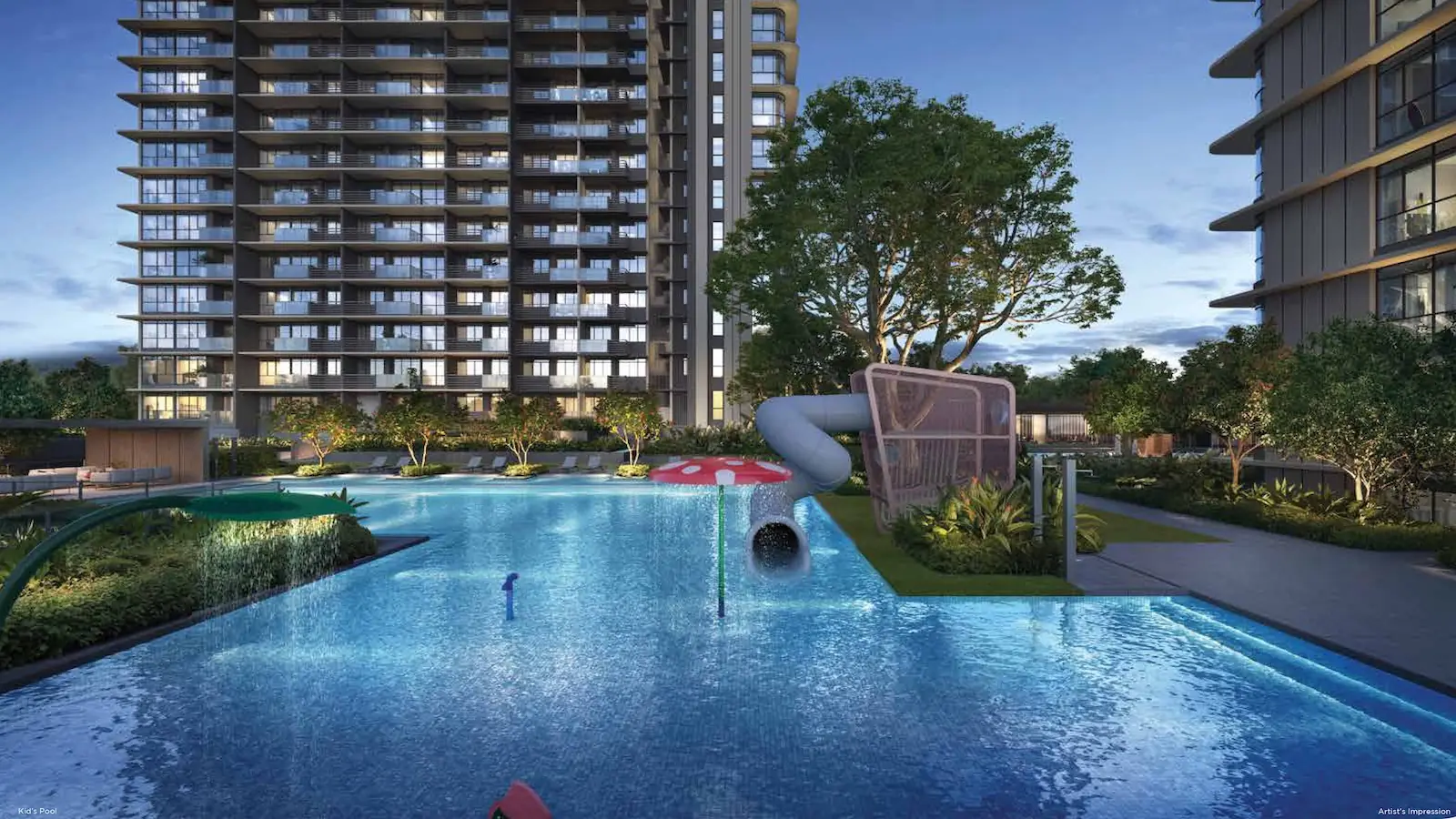 One Marina Gardens kids' pool with water-play slide at dawn — artist's impression.