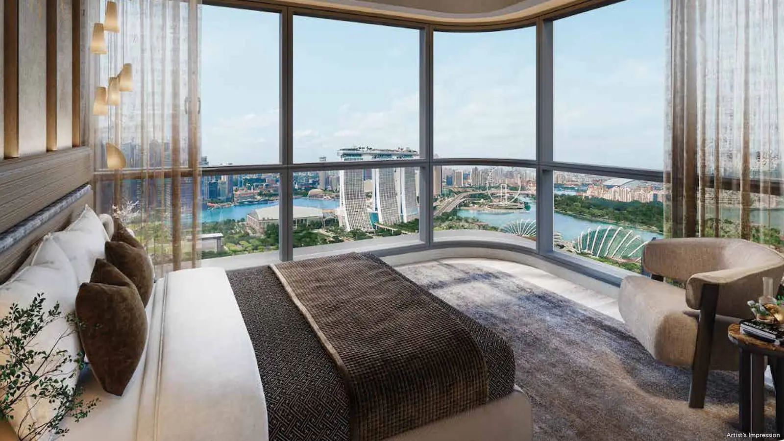 One Marina Gardens master bedroom view of Marina Bay Sands and Singapore Flyer — artist's impression.