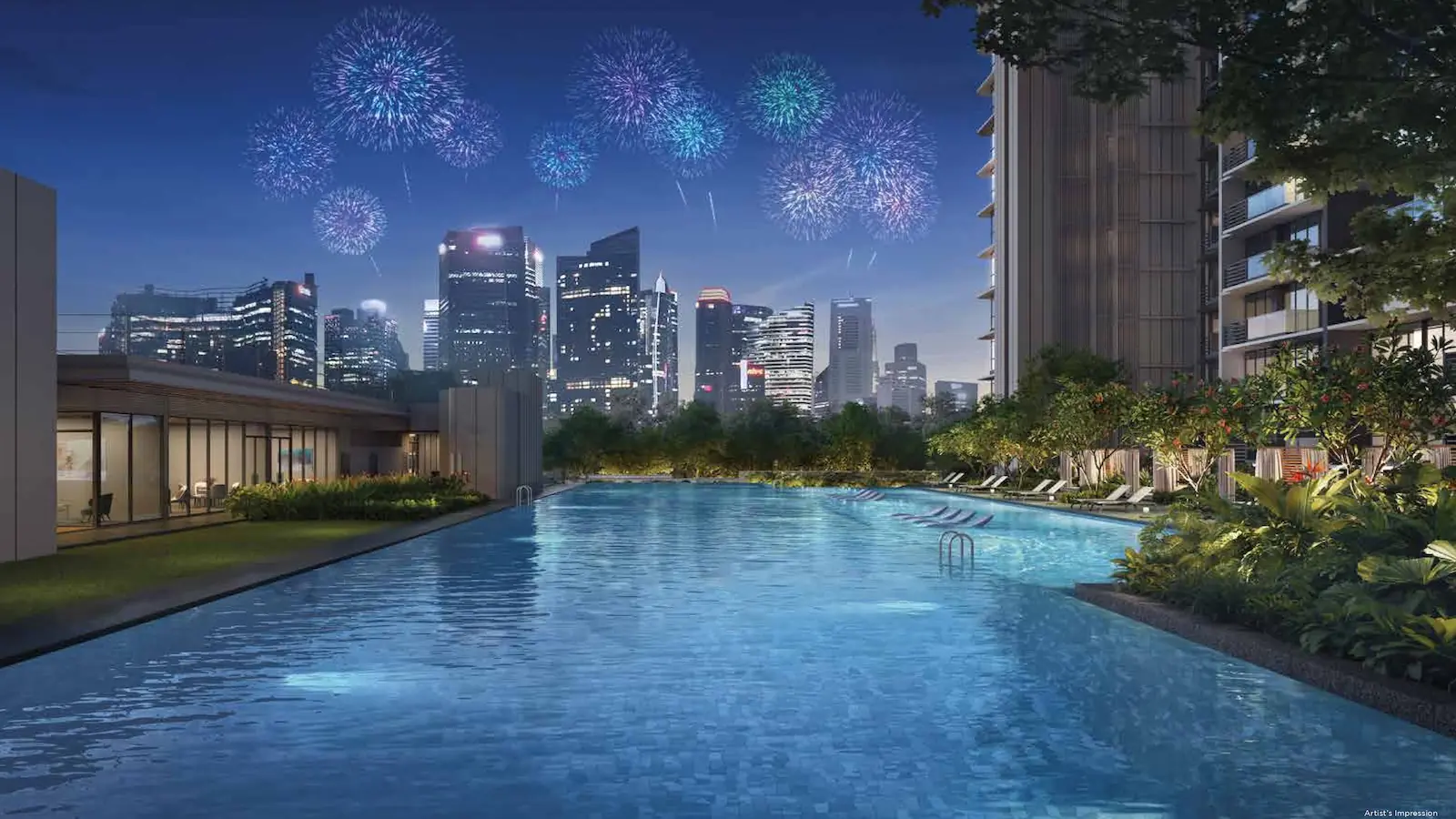 One Marina Gardens 50m lap pool with CBD skyline and fireworks at night — artist's impression.