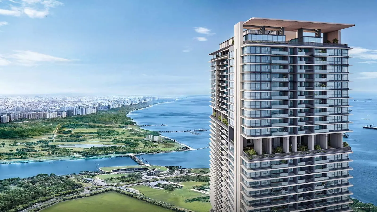One Marina Gardens 44-storey tower with Marina South coastline panorama — artist's impression.