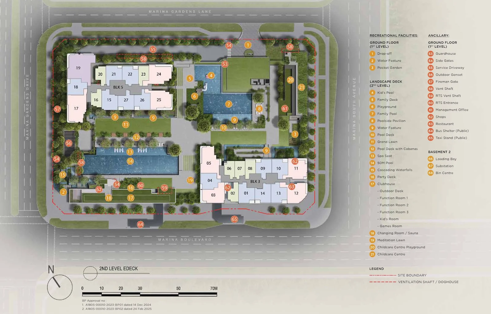 One Marina Gardens site plan with 50m pool, family pool, kids' pool, clubhouse and 65 facilities.