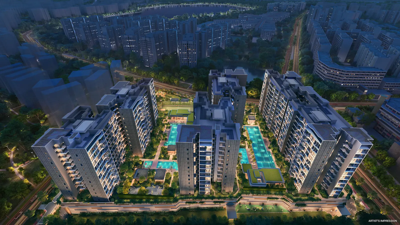 Elevated aerial artist impression of the Pinery Residences development in District 18.