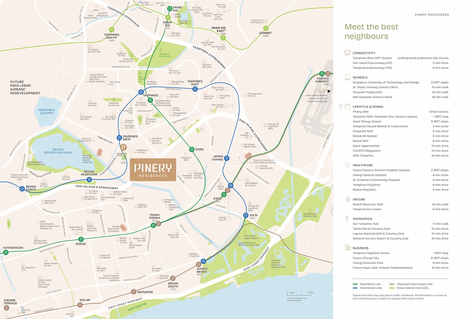 Street map showing the location of Pinery Residences, Tampines West MRT, and surrounding amenities in District 18.