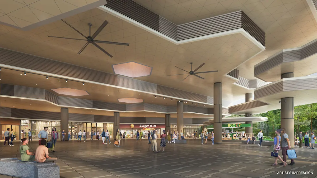 Artist impression of the Pinery Mall community plaza and retail spaces at Pinery Residences.