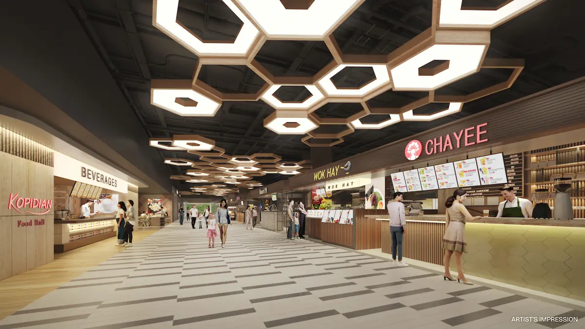 Artist impression of the interior retail space and escalators at Pinery Mall within Pinery Residences.