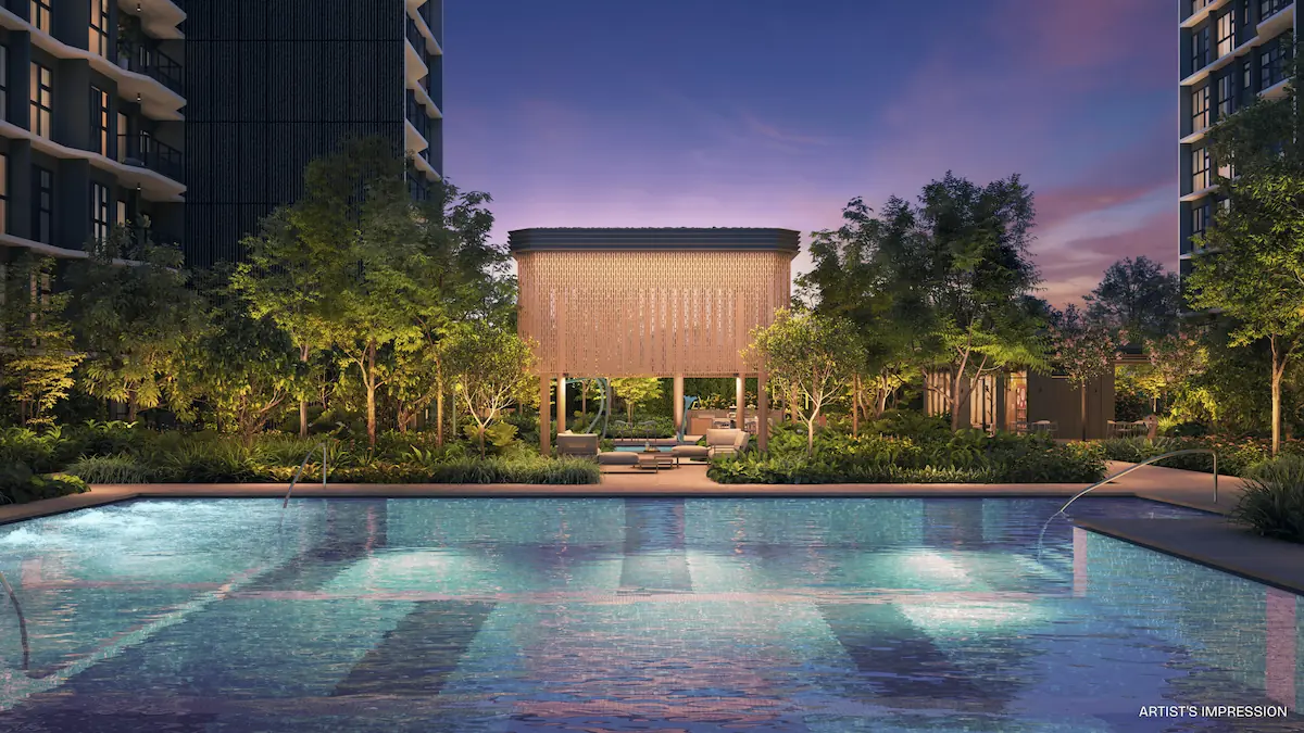 Artist impression of the illuminated outdoor pavilion at night within Pinery Residences.