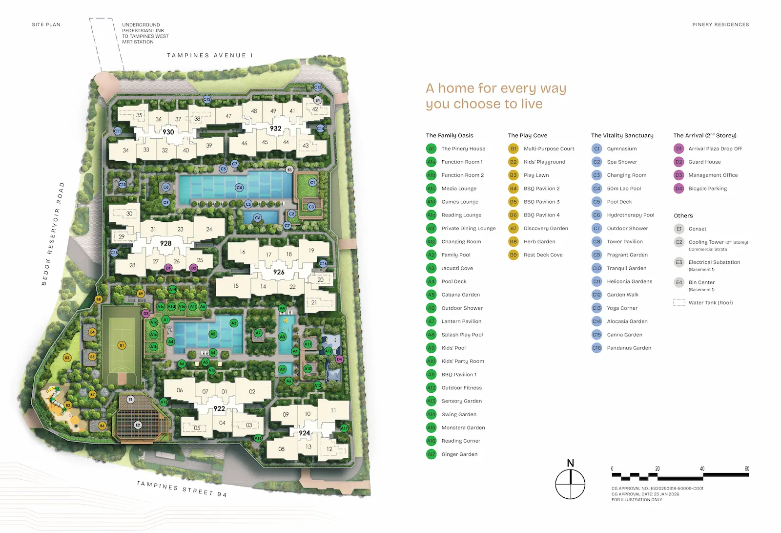 Master site plan layout for Pinery Residences detailing residential block placements and E-deck facility distribution.