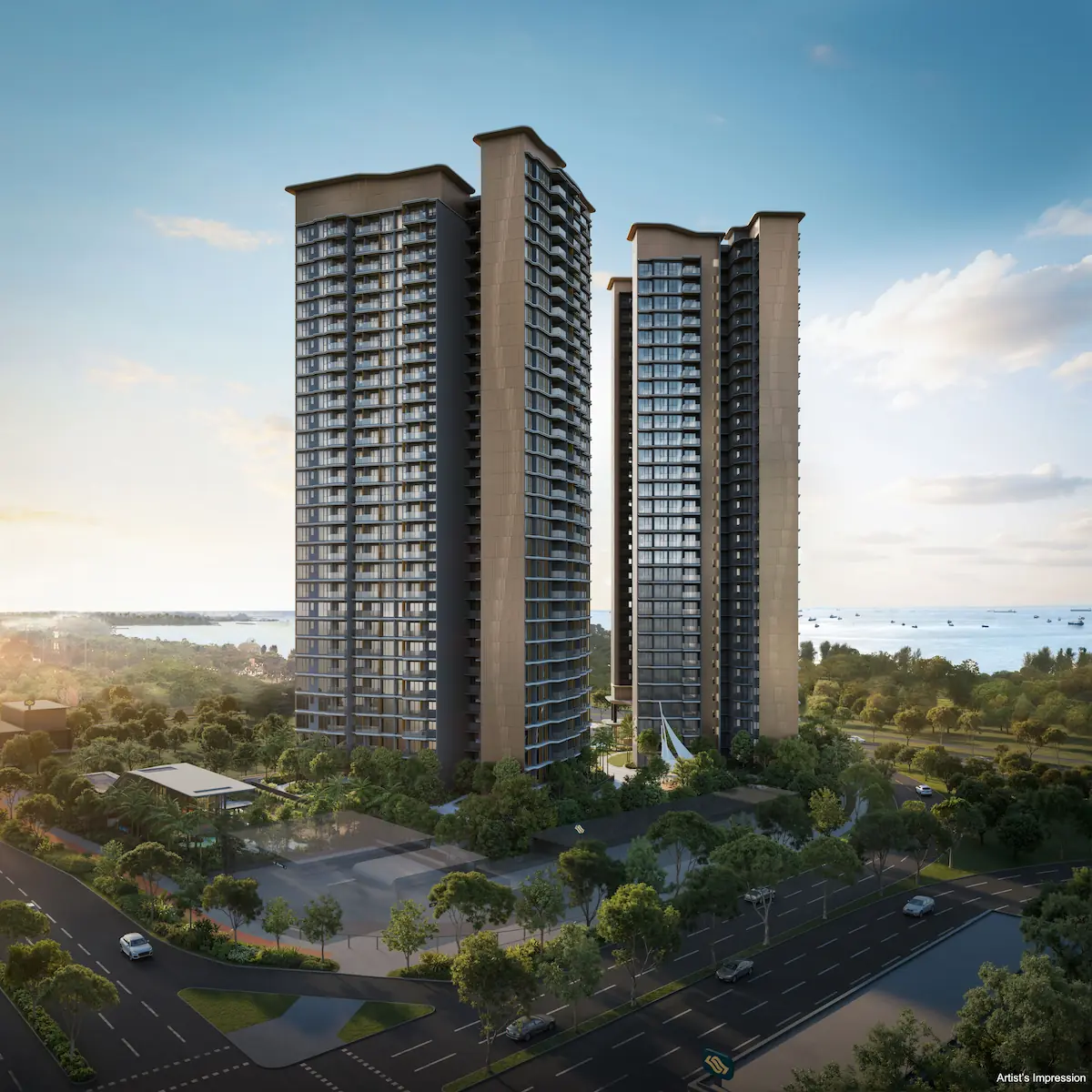 Daylight architectural rendering of Vela Bay twin towers showcasing the balcony layouts, structural facade, and surrounding street-level landscaping at the intersection.
