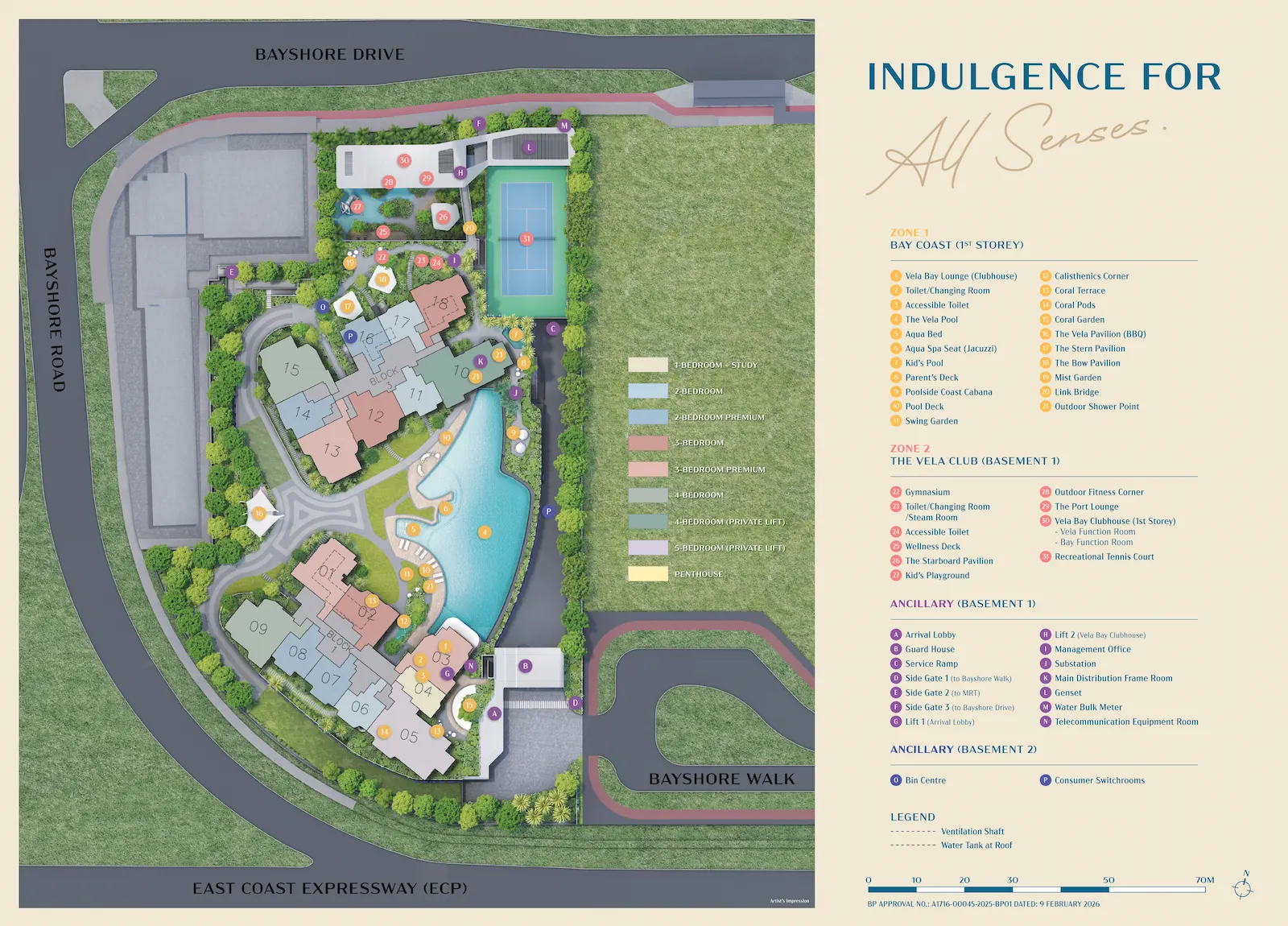 Architectural site plan of Vela Bay detailing the layout of Block 1 and Block 3, the central Vela Pool, tennis court, clubhouse zones, and boundary roads.