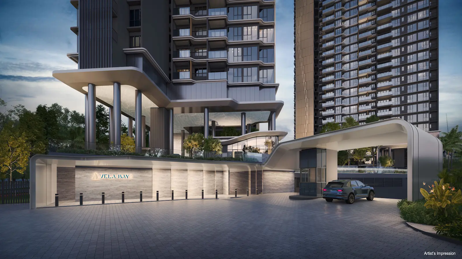 Ground-level view of the Vela Bay arrival drop-off plaza, featuring a stone wall with the development logo and a sweeping entrance canopy.