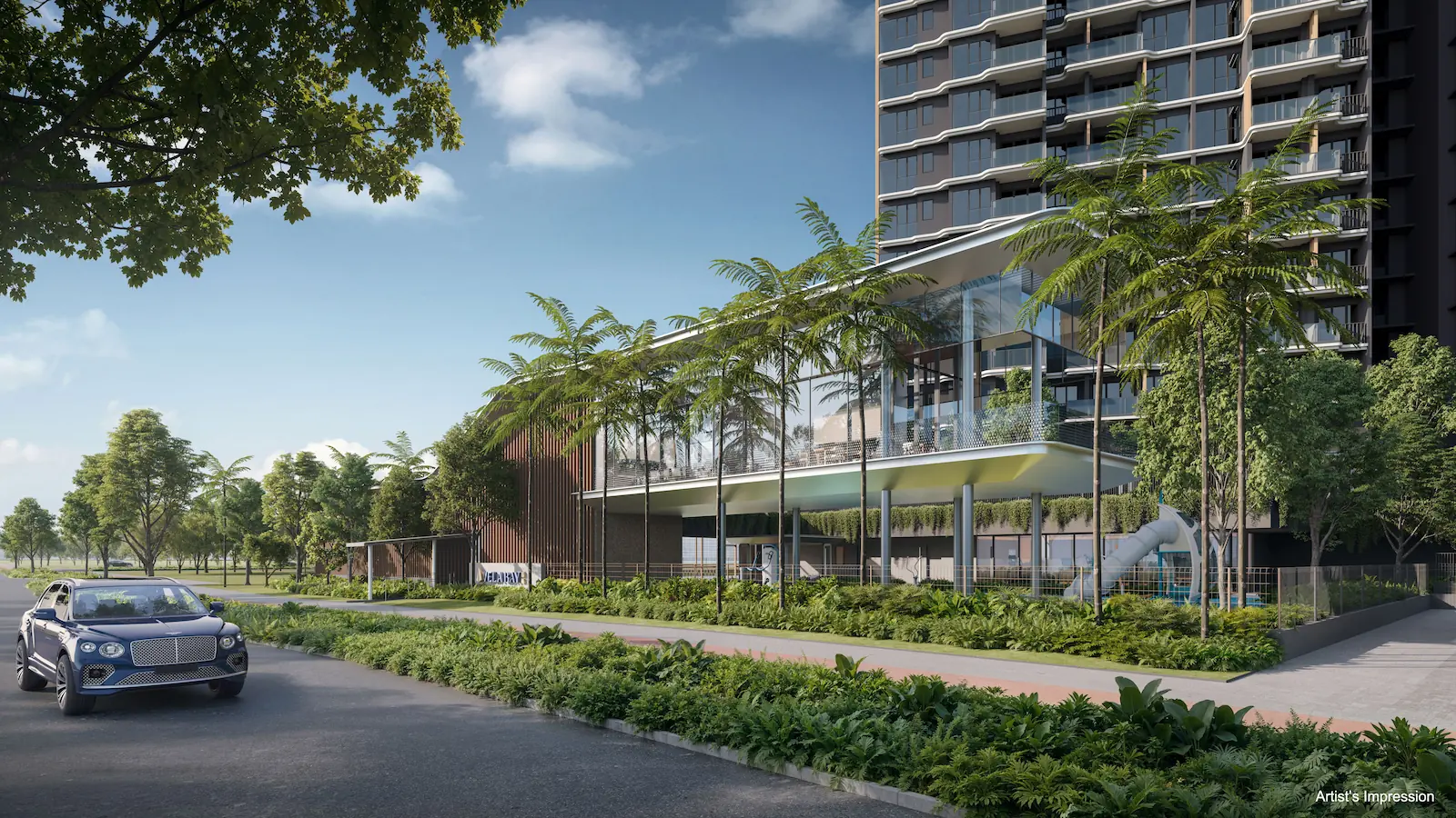 Street-level rendering of an elevated, glass-facade amenity building at Vela Bay supported by pillars, with palm trees, a children's playground structure, and a parked car in the foreground.