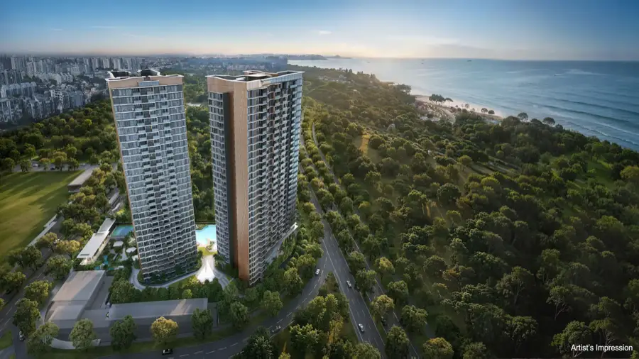 Aerial rendering of Vela Bay condominium along East Coast Parkway.