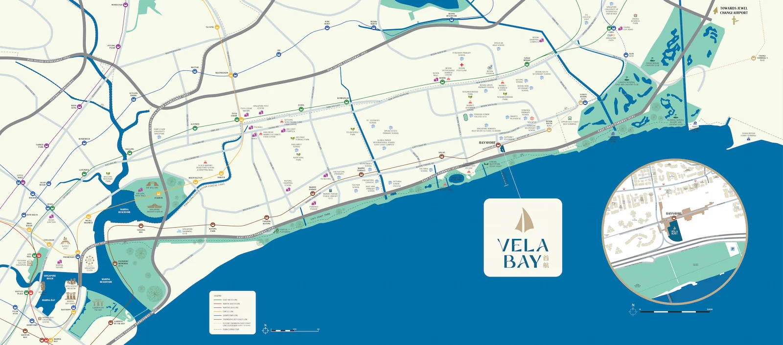 Illustrated location map of Vela Bay showcasing its proximity to East Coast Park, the East Coast Parkway, nearby MRT lines including Bayshore station, and surrounding district amenities.