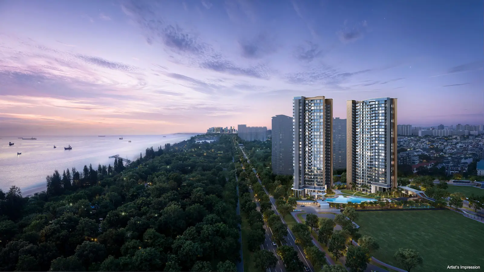 High-angle dusk rendering of Vela Bay twin residential towers situated next to the coastline.