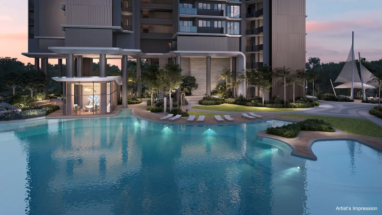 Dusk perspective of the main freeform swimming pool at Vela Bay, featuring underwater lighting, poolside lounge chairs, landscaped gardens, and a glass-enclosed clubhouse pavilion.