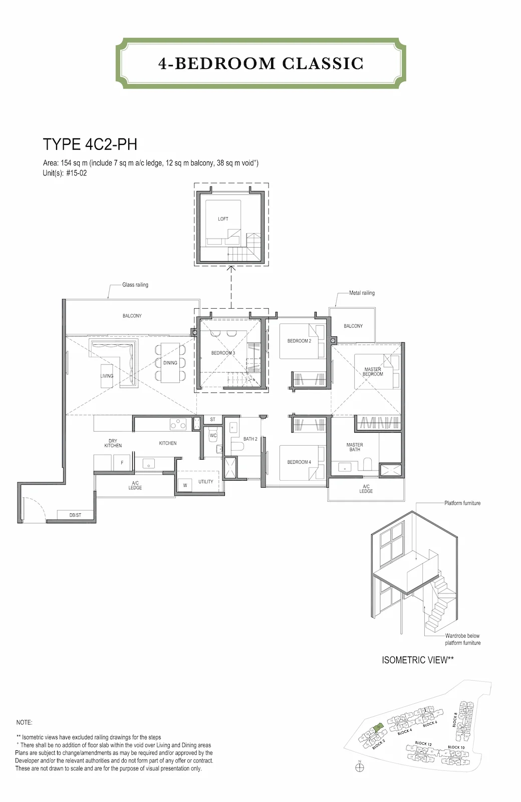 Park Colonial 4-Bedroom Classic Type 4C2-PH floor plan showing 154 sqm penthouse layout with loft, balconies and master suite Singapore.