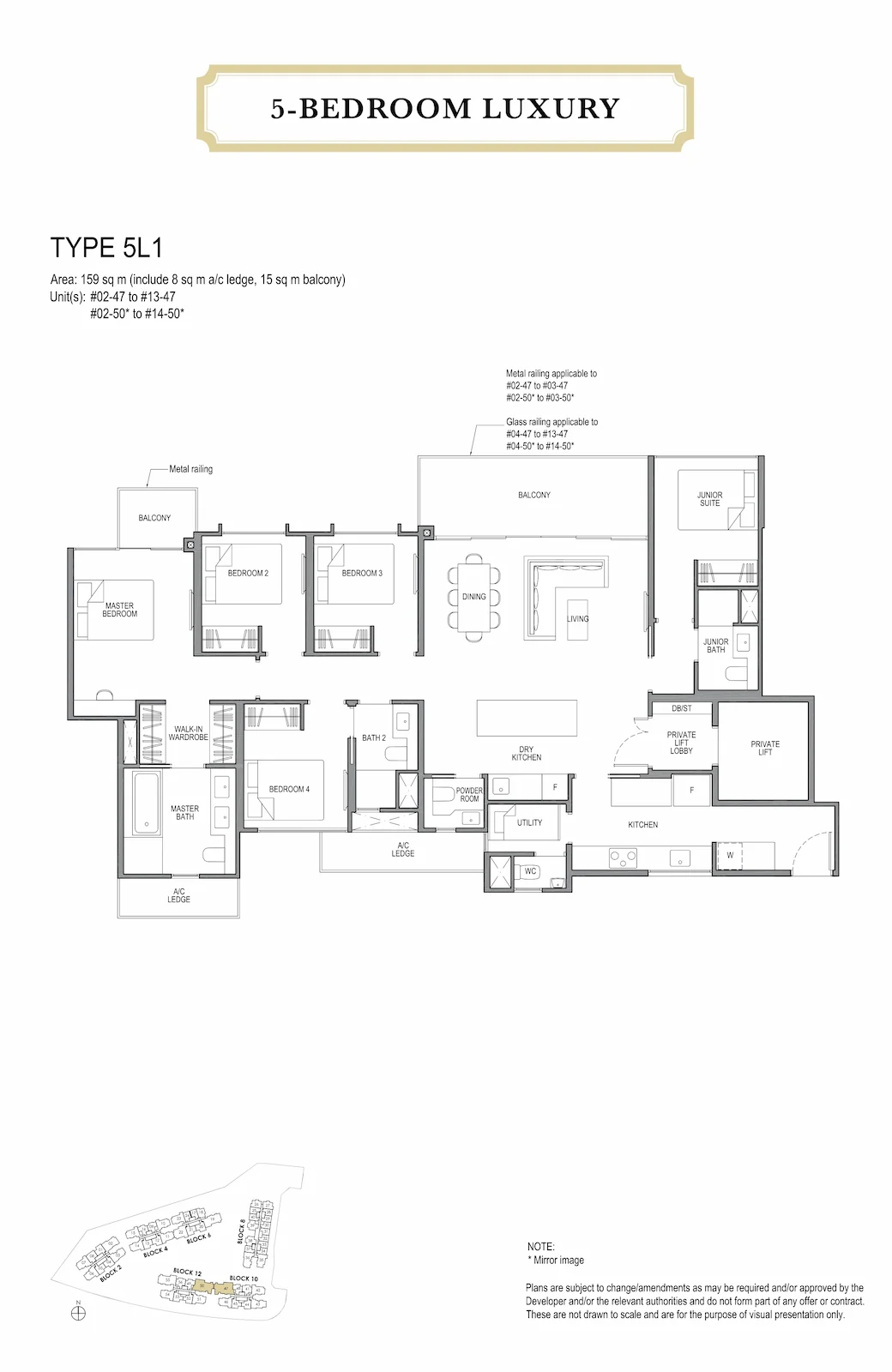 Park Colonial 5-Bedroom Luxury Type 5L1 floor plan showing 159 sqm layout with private lift lobby, junior suite and master walk-in wardrobe Singapore.