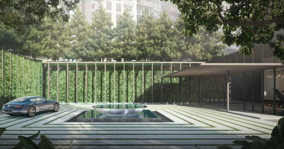 Park Colonial grand arrival court drop-off with luxury car at colonial-inspired entrance pavilion artist's impression Singapore.