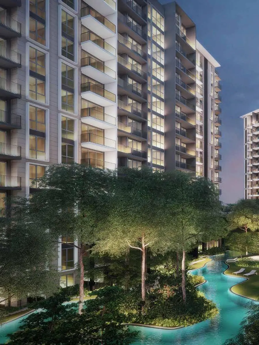 Park Colonial residential tower facade with Cantilevered Lap Pool feature illuminated at night artist's impression Singapore.