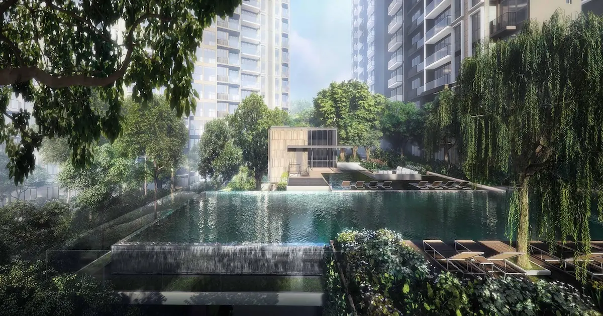 Park Colonial Cantilevered Lap Pool with waterfall edge and lounging deck artist's impression Singapore.