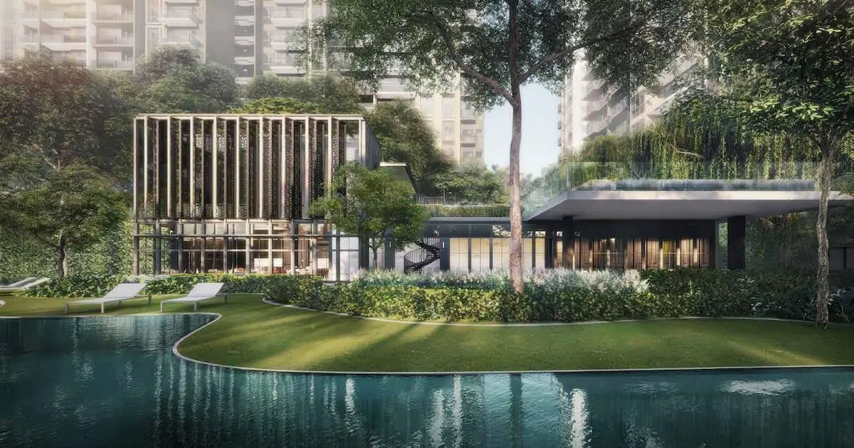 Park Colonial The Colonial Club glass-clad clubhouse with infinity pool and landscaped gardens artist's impression Singapore