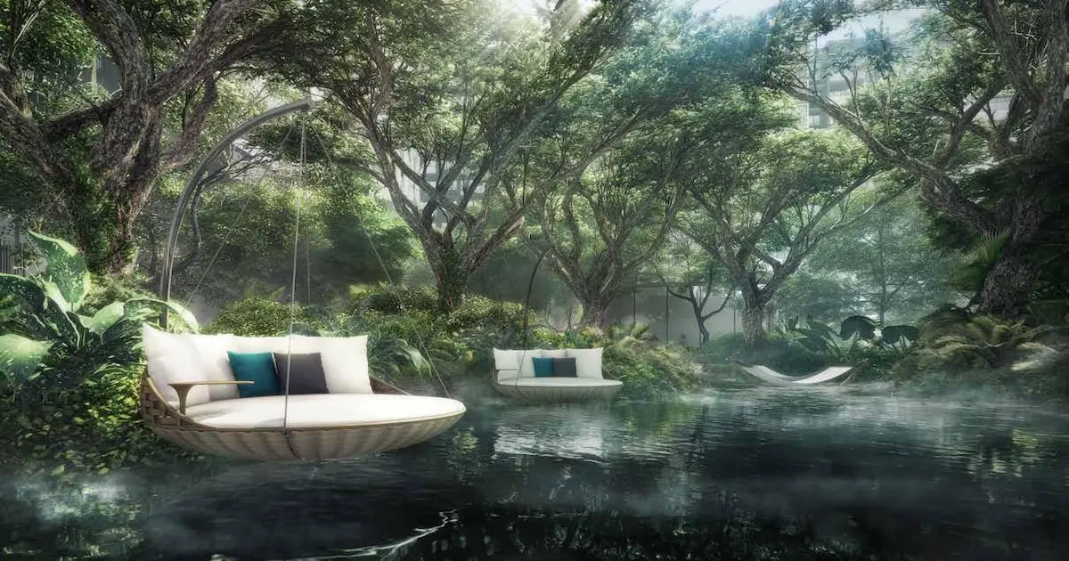 Park Colonial Tranquil Waterway garden with floating water hammocks and reflective water features artist's impression Singapore.