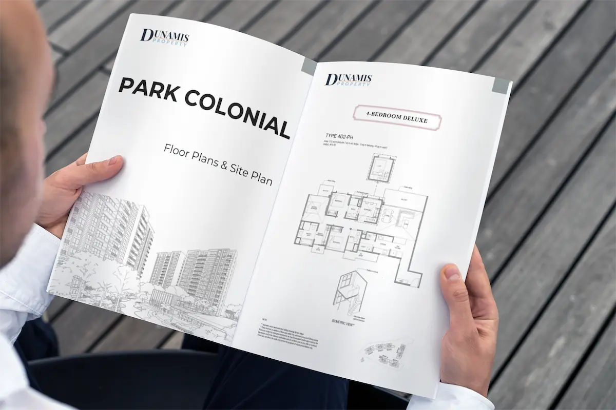 Park Colonial floor plan and site plan brochure published by Dunamis Property showing 4-Bedroom Deluxe Type 4D2-PH layout Singapore.