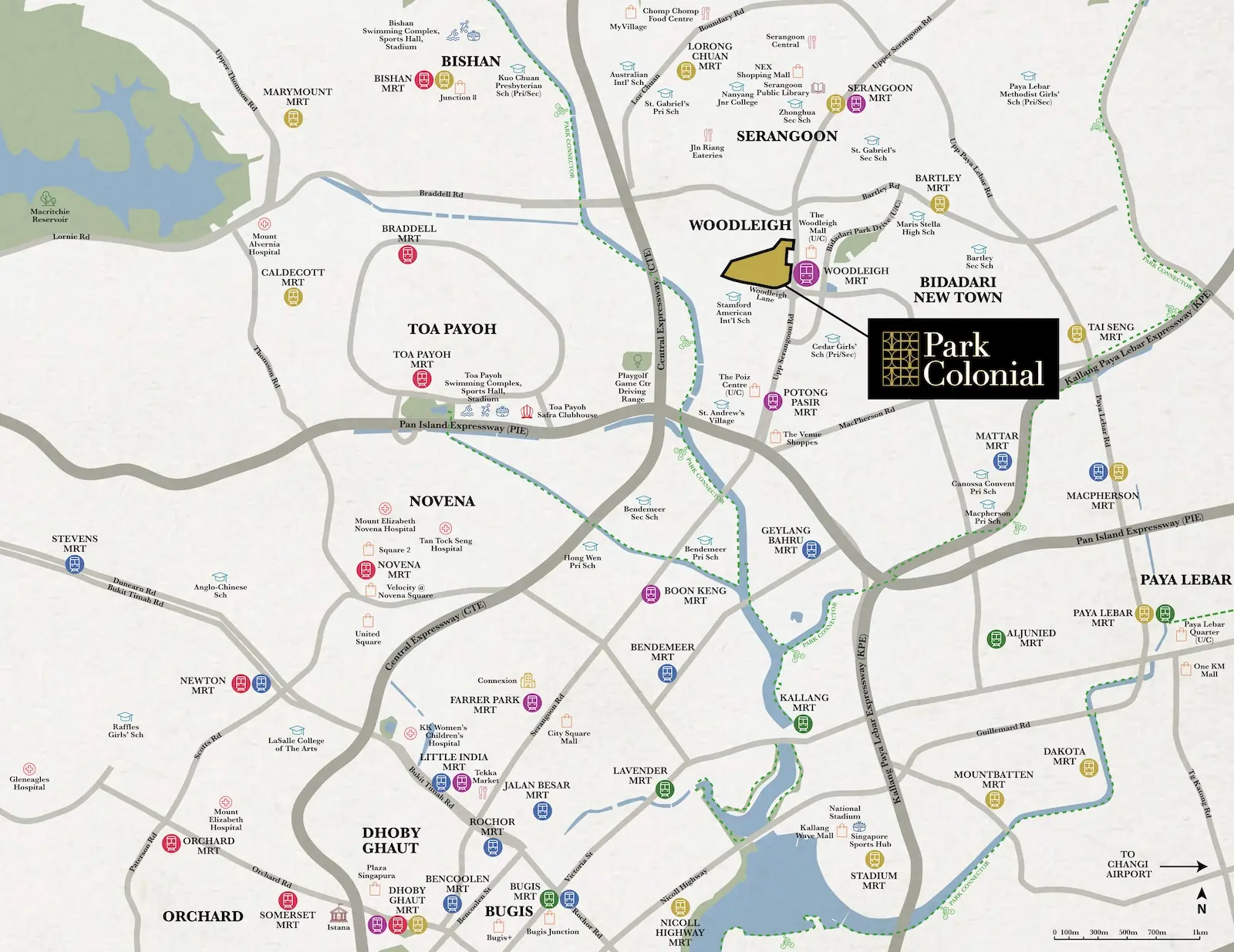 Park Colonial connectivity map showing 145m to Woodleigh MRT, Bidadari New Town, Stamford American School and Serangoon catchment Singapore.