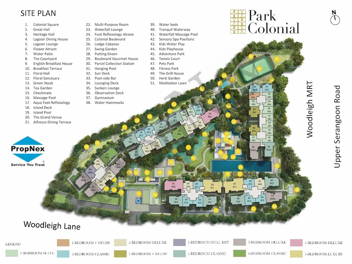 Park Colonial master site plan showing 12 mid-rise blocks, Cantilevered Lap Pool axis, The Colonial Club and 51 facilities centred on the Woodleigh MRT corner Singapore.