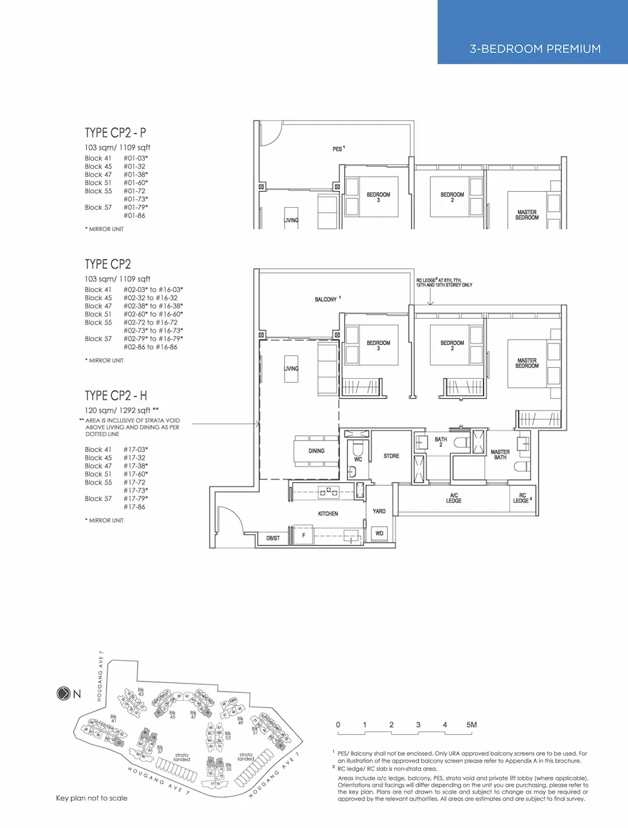 Riverfront Residences 3-bedroom premium floor plan — Type CP2, 103 sqm / 1109 sqft, with three bedrooms, balcony, dining and yard layout.