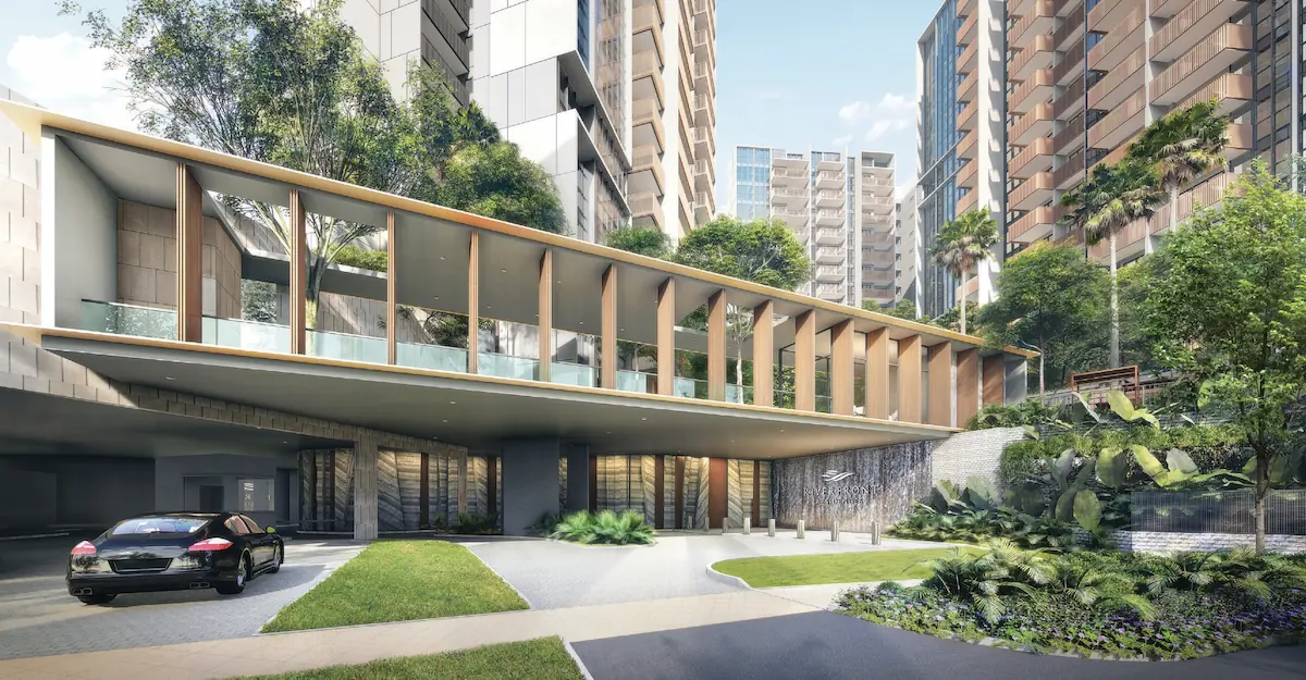 Riverfront Residences grand arrival pavilion artist's impression — cantilevered roof, cascading water feature wall and porte-cochère driveway.