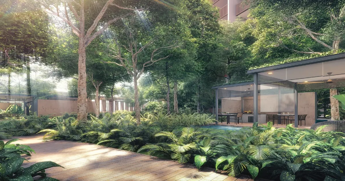 Riverfront Residences Botanic Cove artist's impression — forest dining pavilion, mature trees and outdoor cabana in landscaped garden setting.