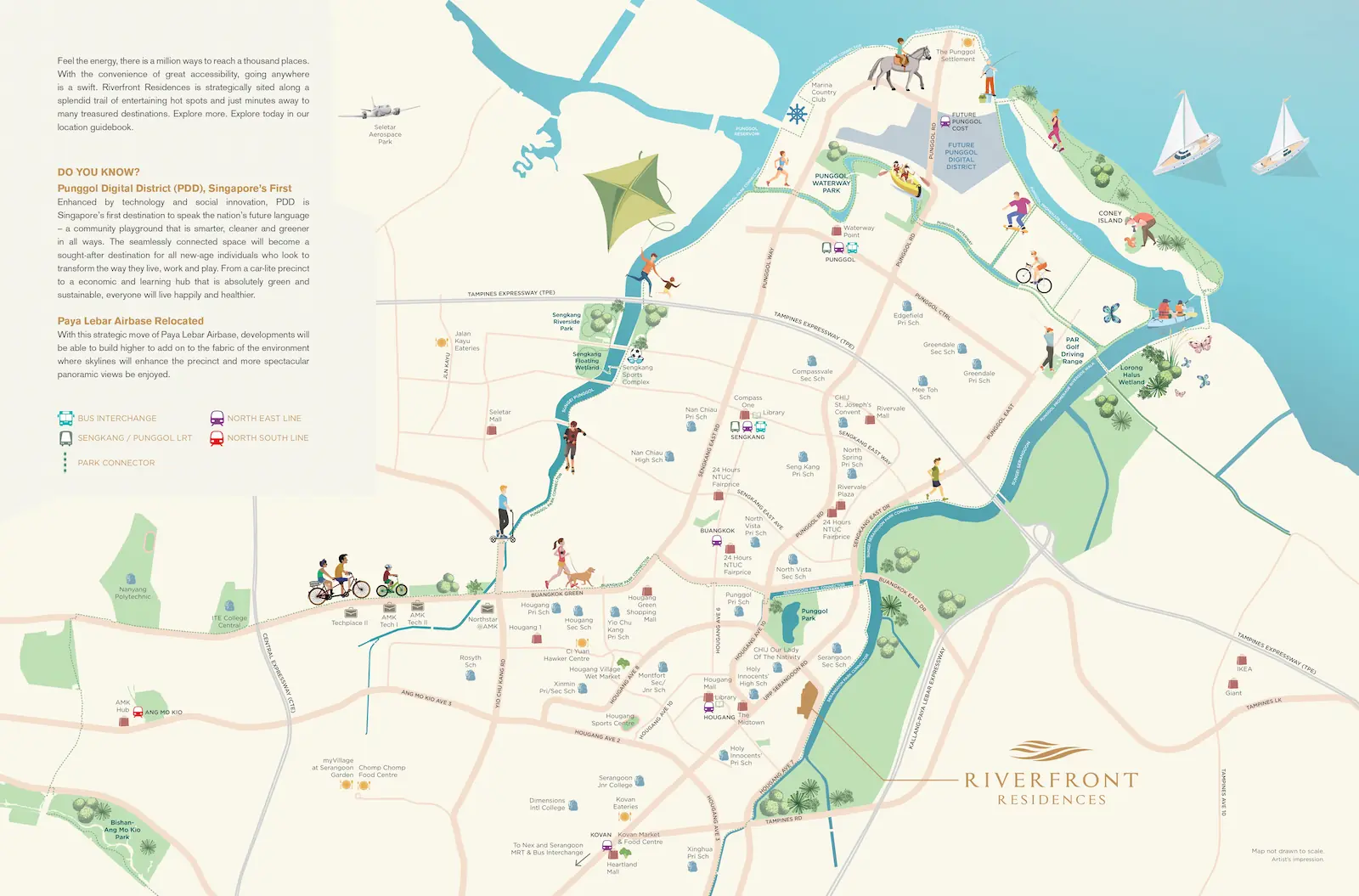 Riverfront Residences location map showing connectivity to Hougang MRT, Kovan, Punggol Digital District, Coney Island and Lorong Halus Wetland.