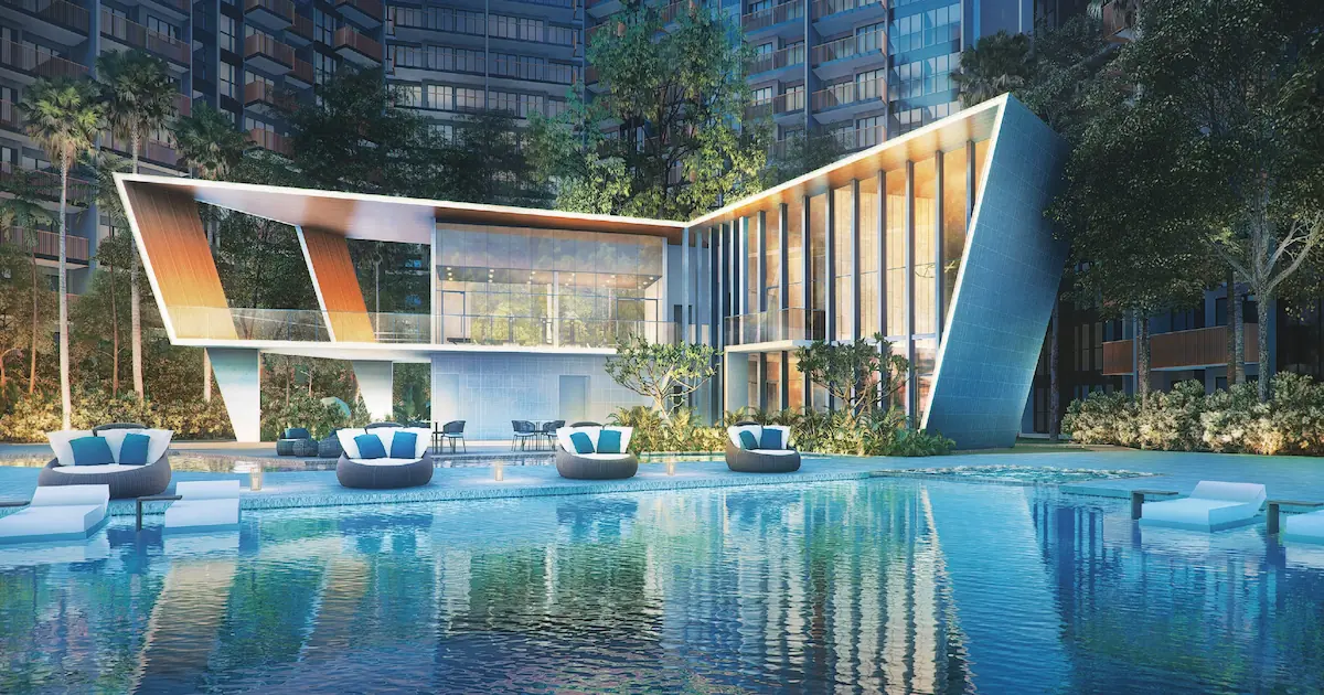 Riverfront Residences Mangrove Resort Cove artist's impression — 50m Mangrove Lap Pool with angular clubhouse pavilion and day beds at twilight.