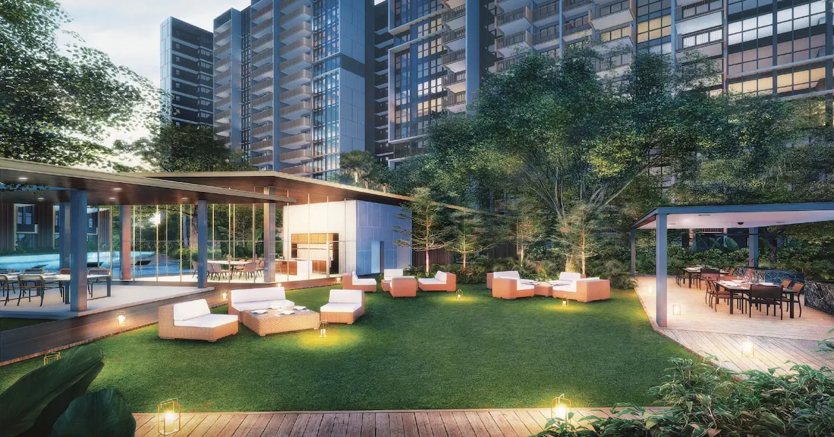 Riverfront Residences River Lifestyle Cove artist's impression — outdoor lawn with gourmet cooking pavilion, dining cabana and lounge seating at dusk.