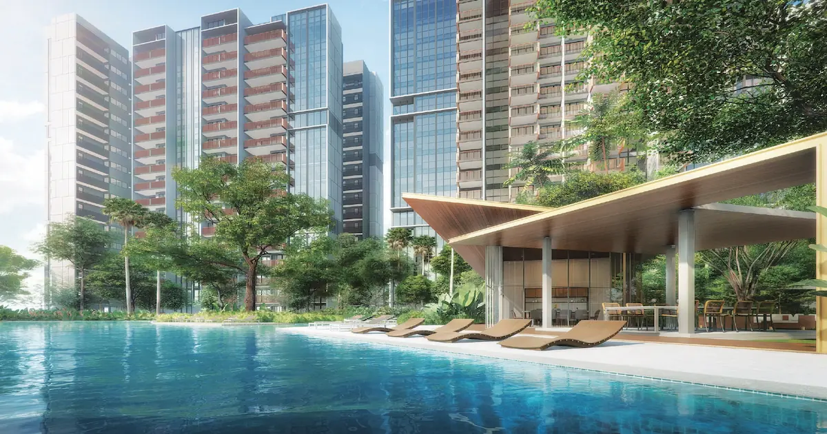 Riverfront Residences 75m River Pool artist's impression — poolside loungers, cabana pavilion and tower views.
