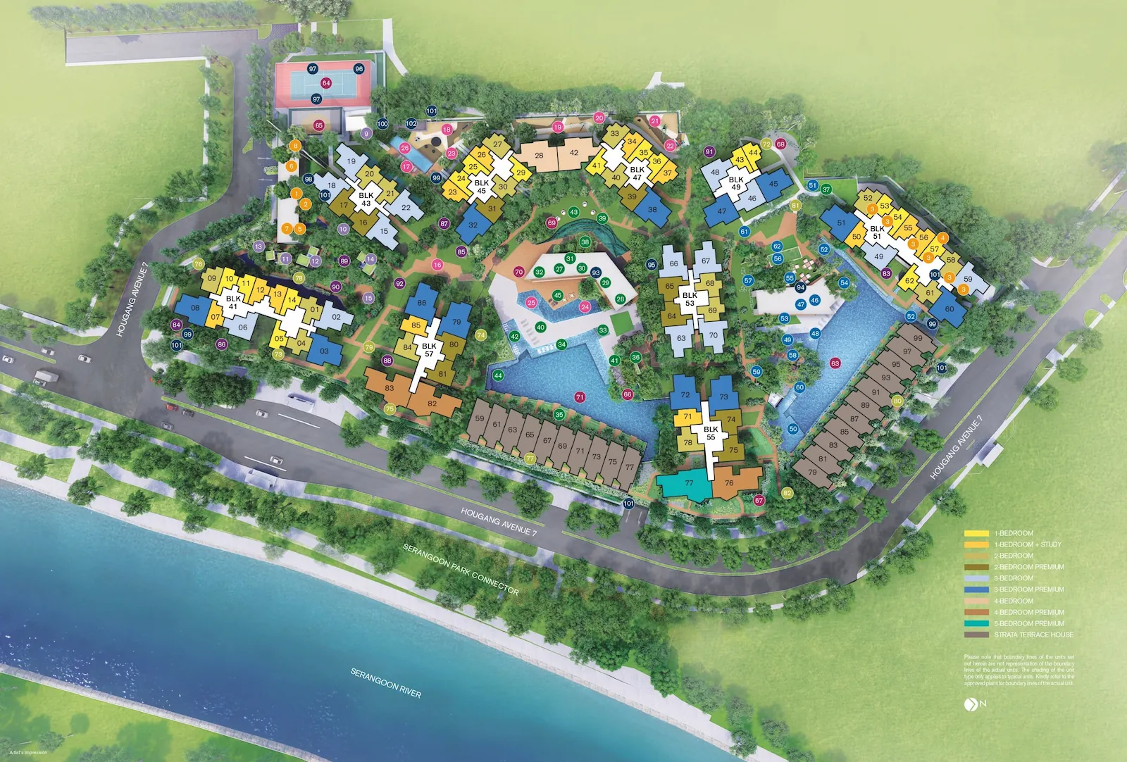 Riverfront Residences site plan — aerial layout of 9 apartment blocks, 21 strata terrace homes, swimming pools, clubhouse and Sungei Serangoon riverfront.