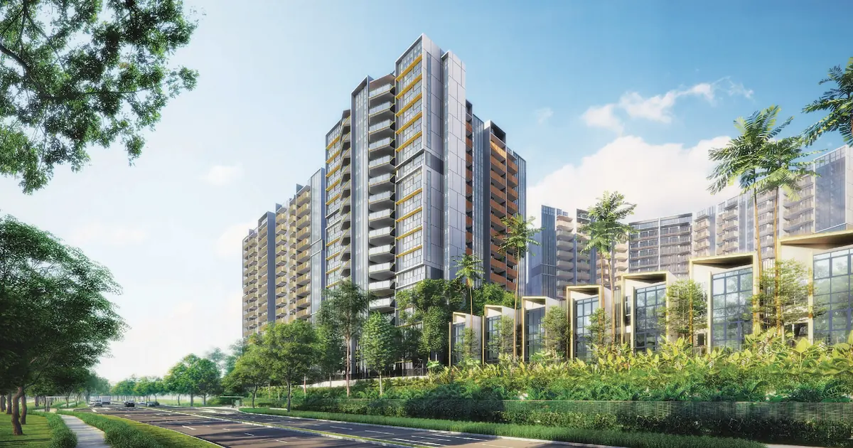 Riverfront Residences artist's impression — front view of 17-storey residential towers and strata terrace homes along Hougang Avenue 7.