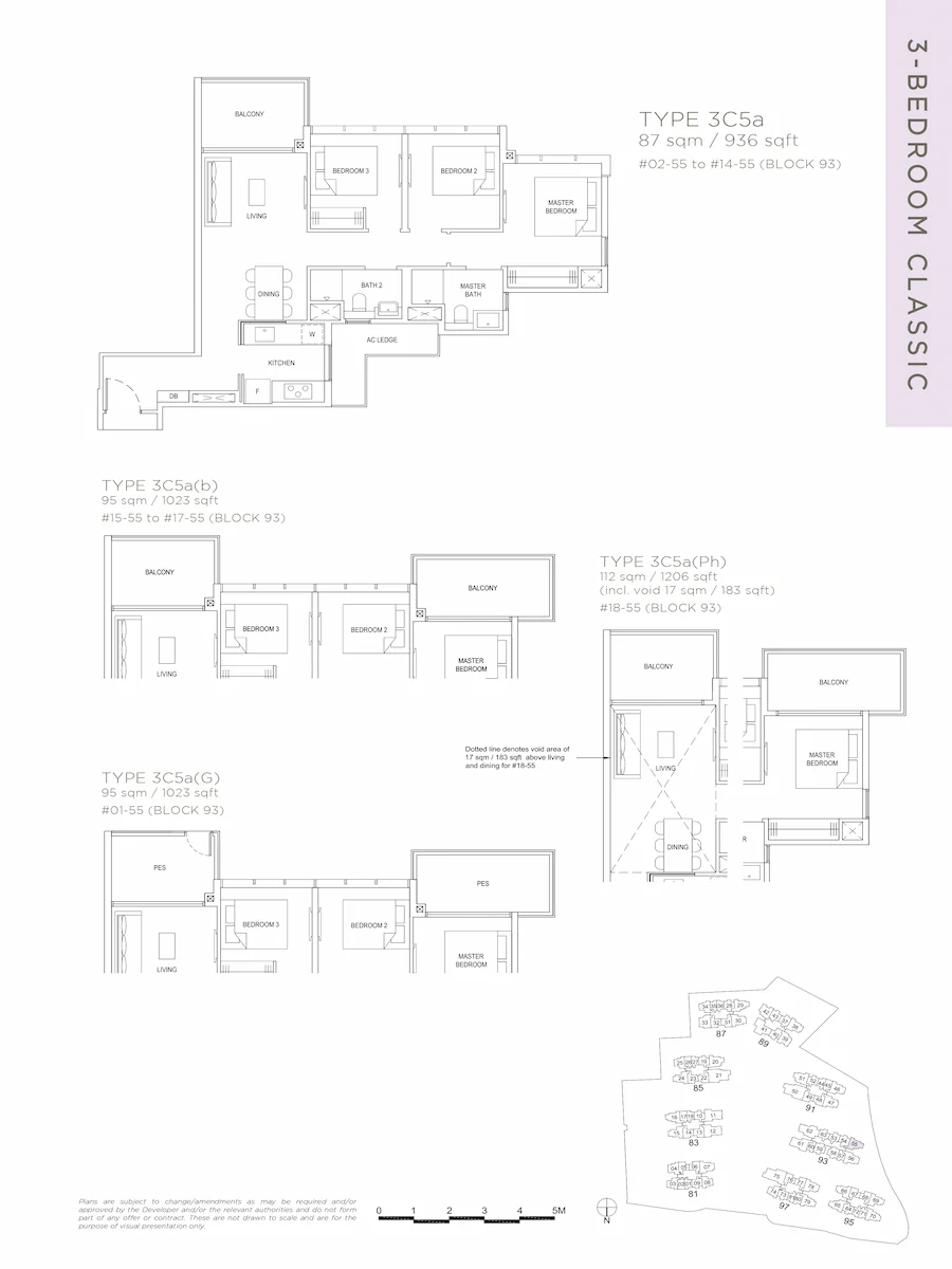 The Florence Residences 3-bedroom Classic Type 3C5a floor plan layout 87 sqm / 936 sqft Block 93 Singapore.
