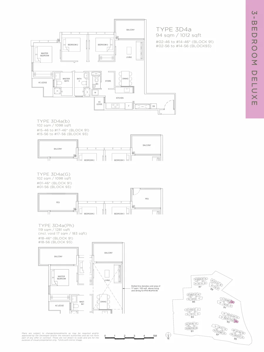 The Florence Residences 3-bedroom Deluxe Type 3D4a floor plan layout 94 sqm / 1,012 sqft Block 91 and 93 Singapore.