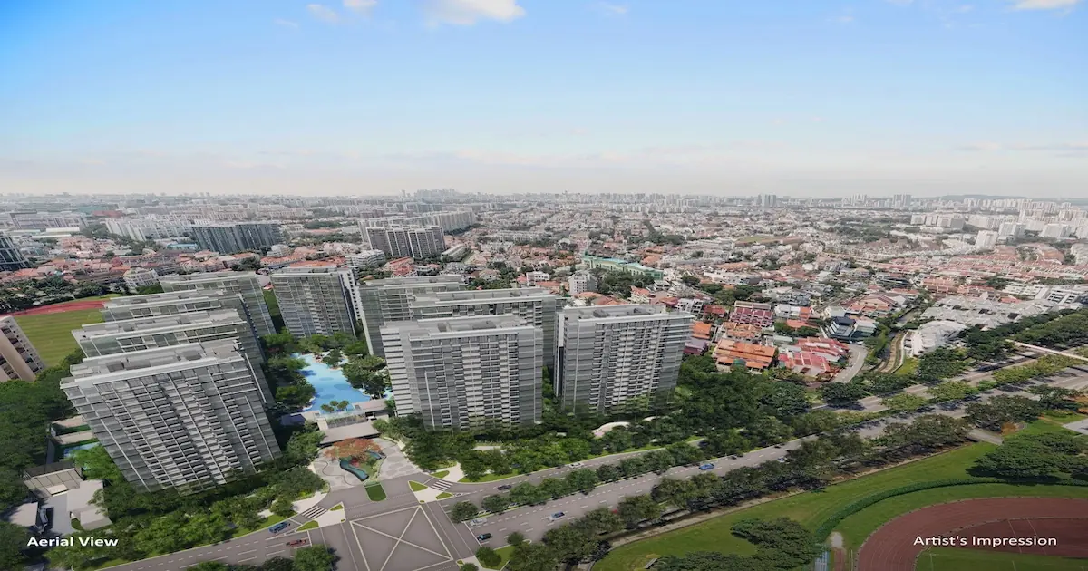 The Florence Residences aerial view from the south showing nine residential blocks, Hougang Stadium and surrounding Kovan landed estate enclave Singapore.