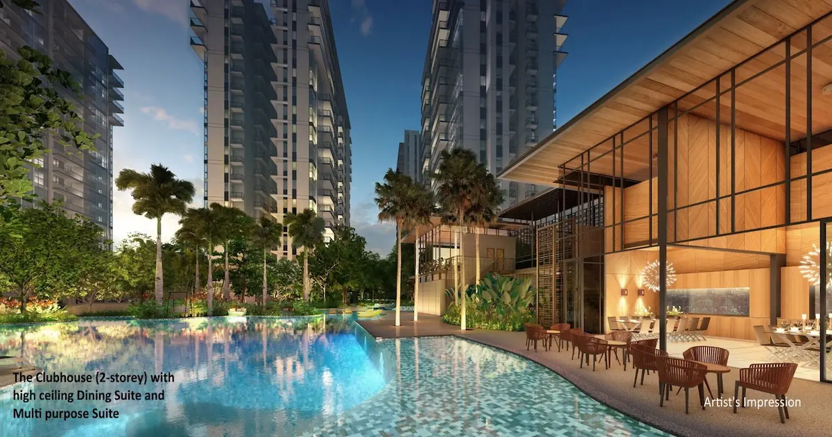 The Florence Residences two-storey Clubhouse with high-ceiling Dining Suite and Multi-purpose Suite at the Island Lap Pool deck Singapore.