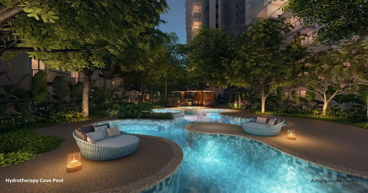 The Florence Residences Hydrotherapy Cove Pool with night-lit cabana seating in the Hydrotherapy Club Singapore.