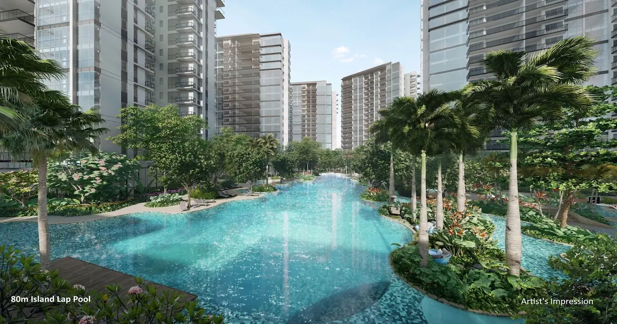 The Florence Residences 80m Island Lap Pool eye-level view across the central pool axis between residential blocks Singapore