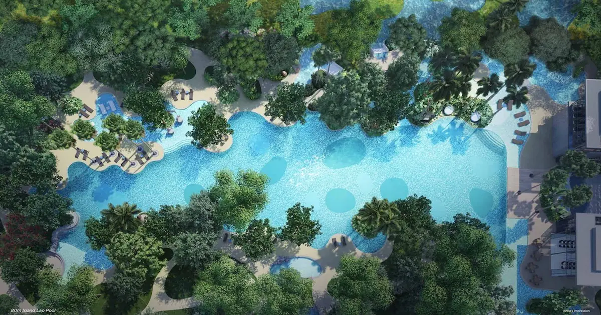 The Florence Residences 80m Island Lap Pool top-down view showing organic-curve Biophilia design with surrounding tropical landscape Singapore.